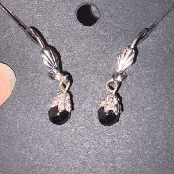 Vintage Silver Tone Black Beaded Drop Leverback Earrings