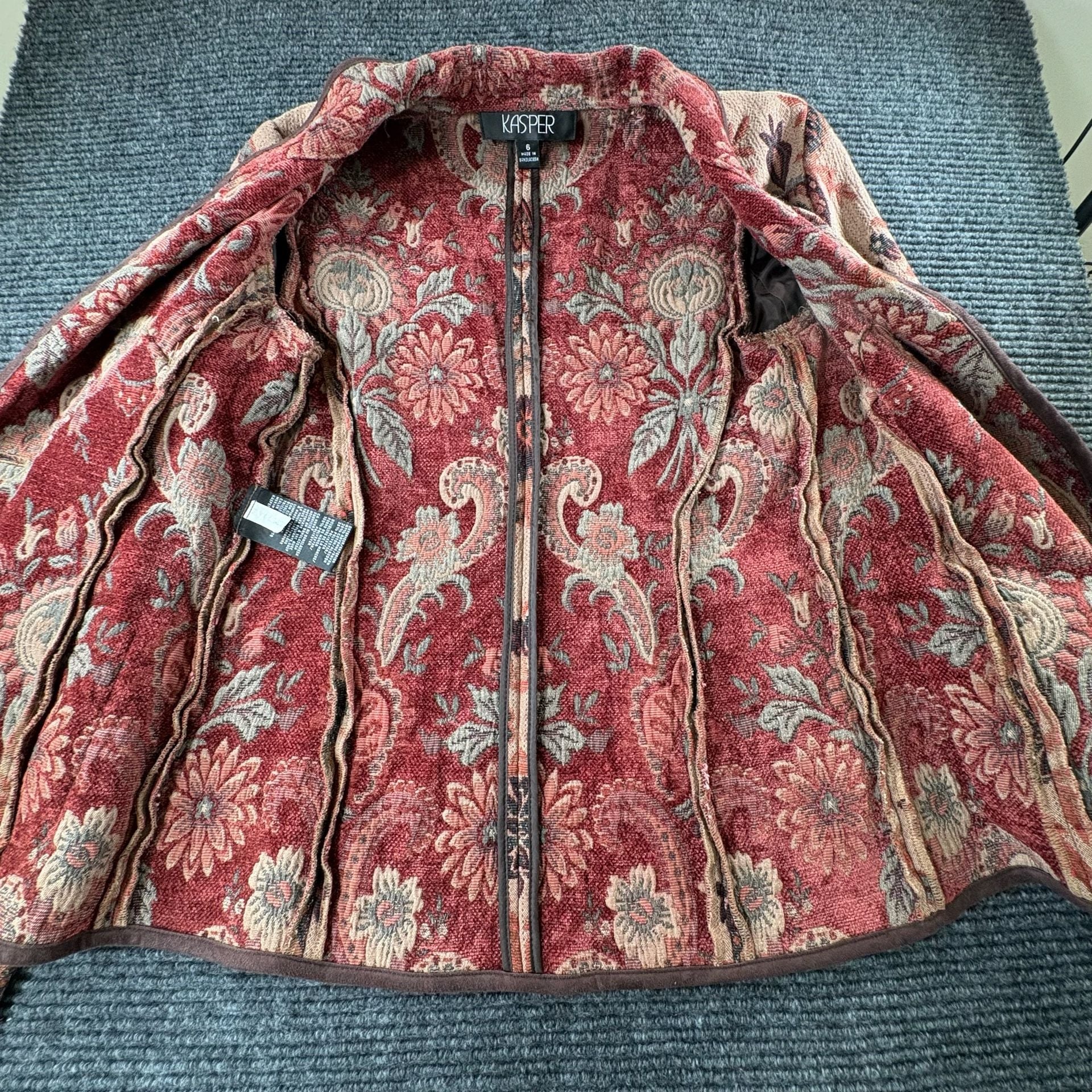 Kasper Floral Tapestry Blazer Size 6 Brown Red Paisley Brocade Jacket 10