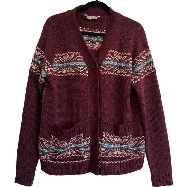 Royal Robbins Fair Isle Cardigan Size M Burgundy Wool Blend Sweater