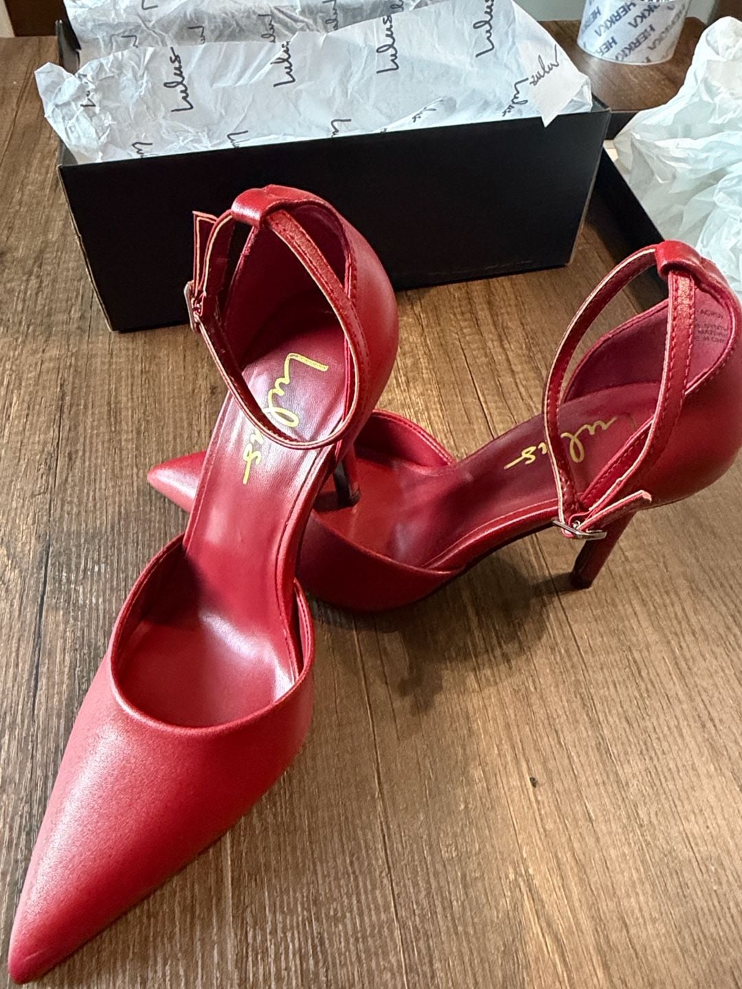Lulus Stiletto Pumps Size 6 Red Ankle Strap Pointed Toe Heels 7
