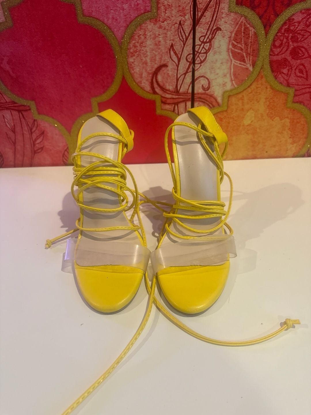 Yellow Lace Up Heels with Clear Strap Size 7 2