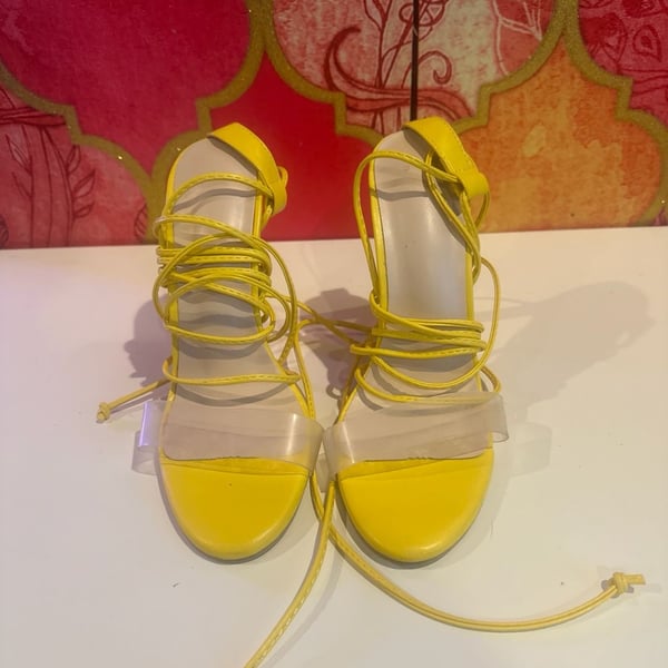 Yellow Lace Up Heels with Clear Strap Size 7