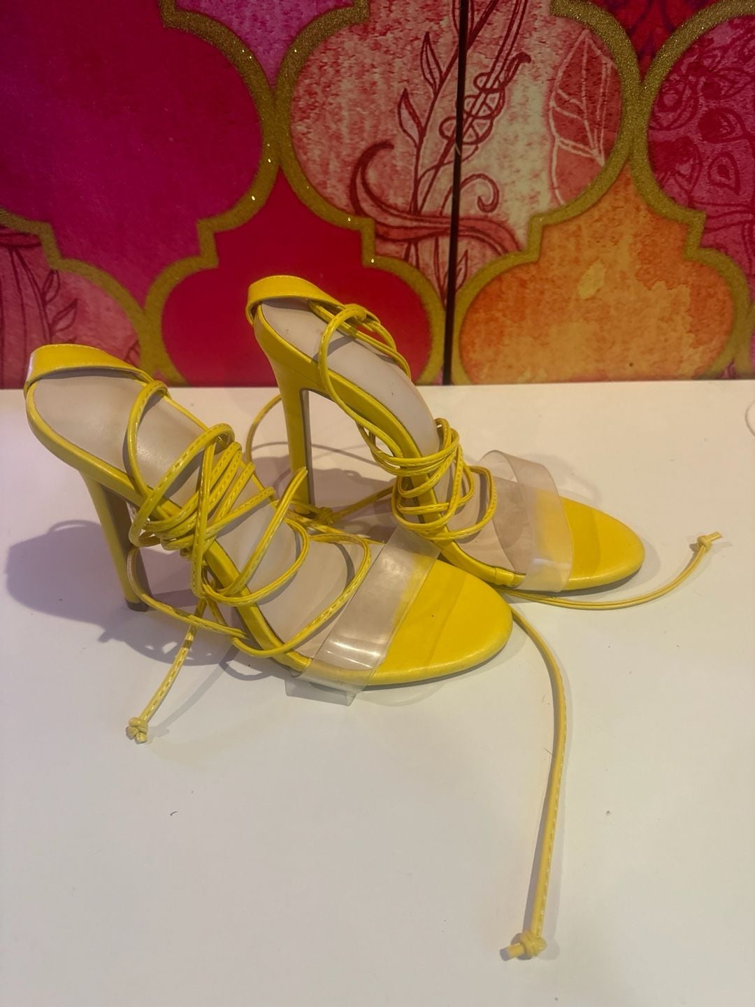 Yellow Lace Up Heels with Clear Strap Size 7 3