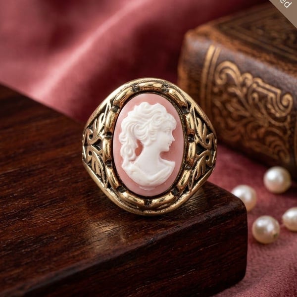 Vintage Pink And White Cameo Filigree Ring
Size 7