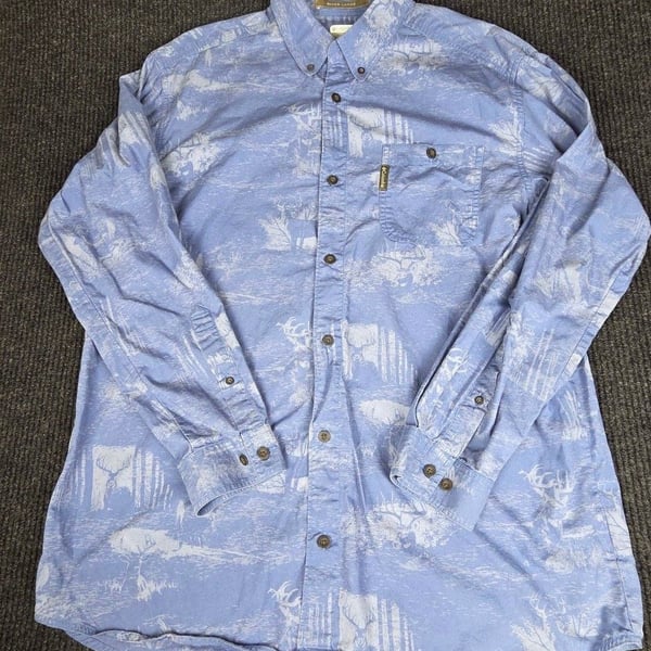 Columbia River Lodge Button Down Shirt Size L Blue Deer Print Long Sleeve