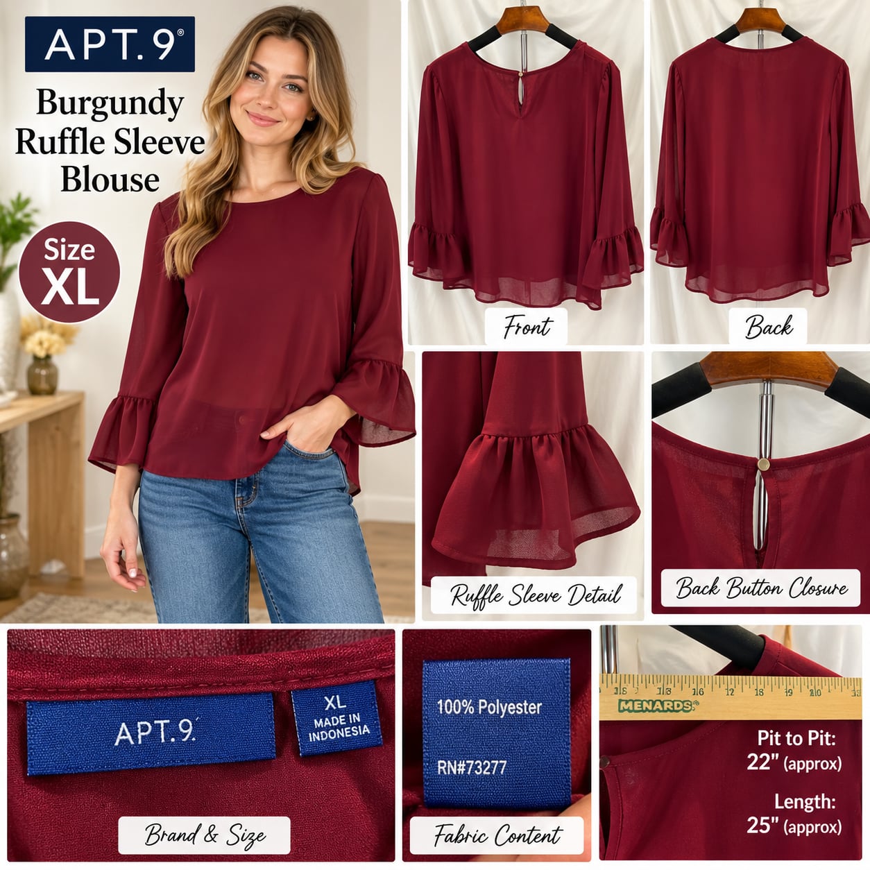 Apt. 9 Burgundy Ruffle Sleeve Blouse Size XL 1