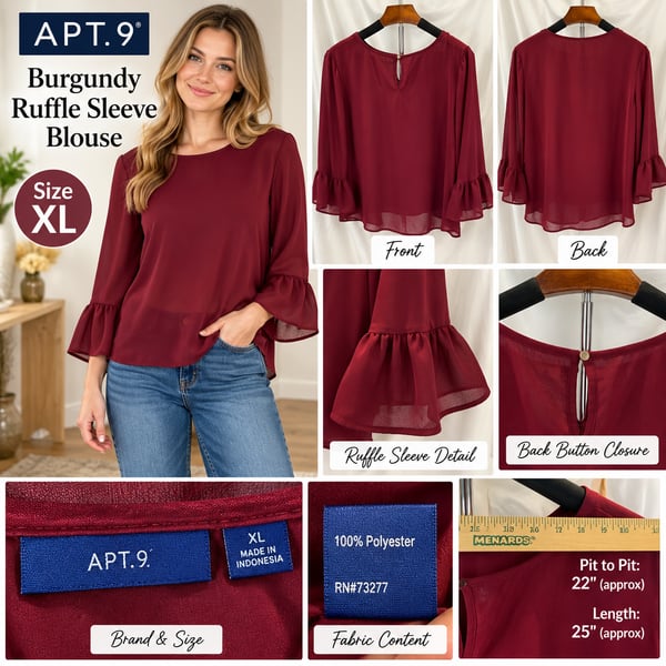 Apt. 9 Burgundy Ruffle Sleeve Blouse Size XL