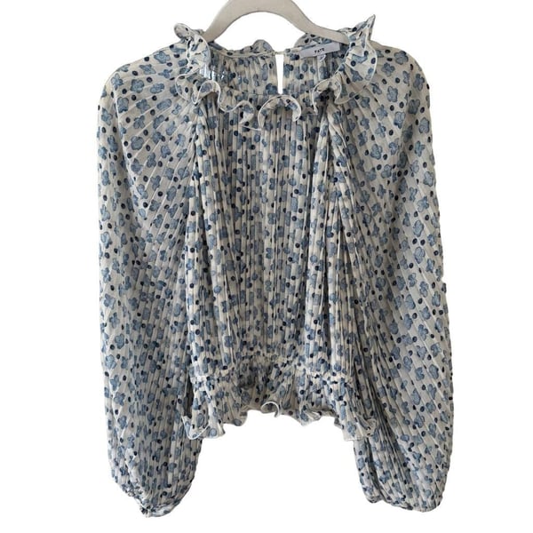 Fate Blouse Size L Blue Floral Pleated Ruffle Chiffon balloon sleeve 