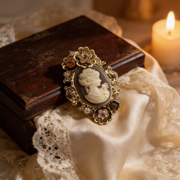 Rhinestone Victorian Lady Cameo Brooch Vintage Cameo