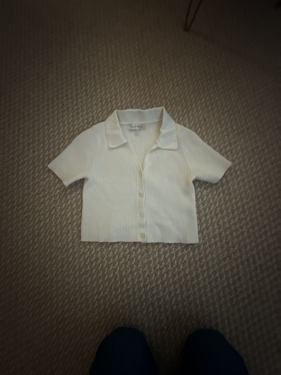 Hazel Moon Ribbed Polo Sweater Size XS Cream Short Sleeve Button Front 2