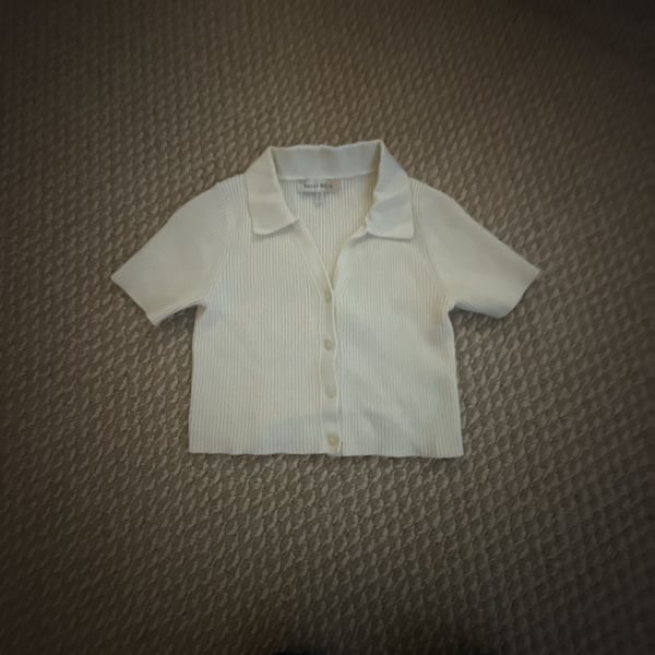 Hazel Moon Ribbed Polo Sweater Size XS Cream Short Sleeve Button Front