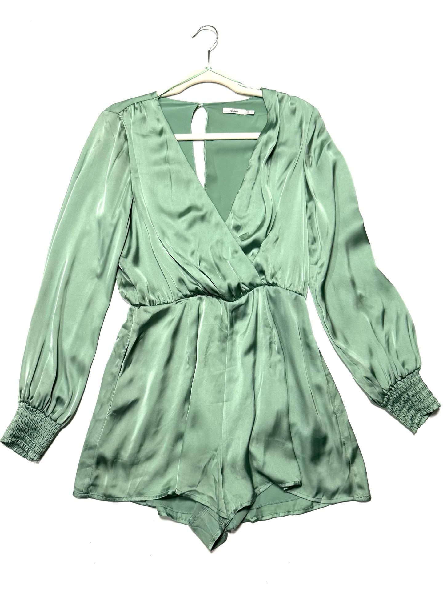 Mi Ami Women's M Sage Green Satin Romper Cottage-Glam Quiet Luxury Coquette Soft Girl Date Night Long Sleeve Surplice V-Neck Keyhole Back Smocked Cuffs Pockets 2