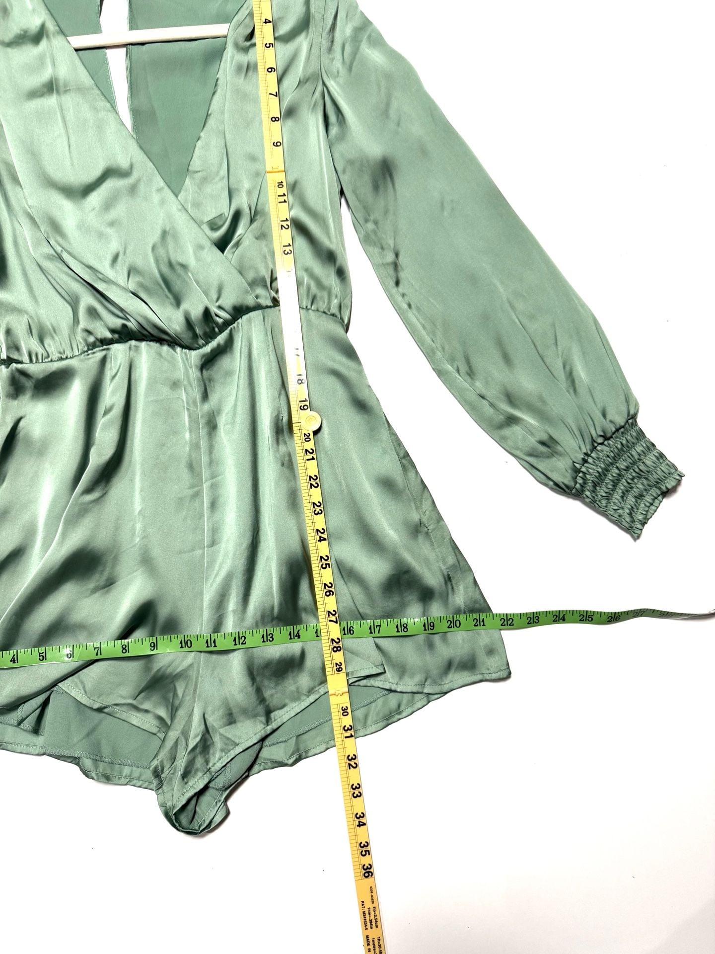 Mi Ami Women's M Sage Green Satin Romper Cottage-Glam Quiet Luxury Coquette Soft Girl Date Night Long Sleeve Surplice V-Neck Keyhole Back Smocked Cuffs Pockets 4