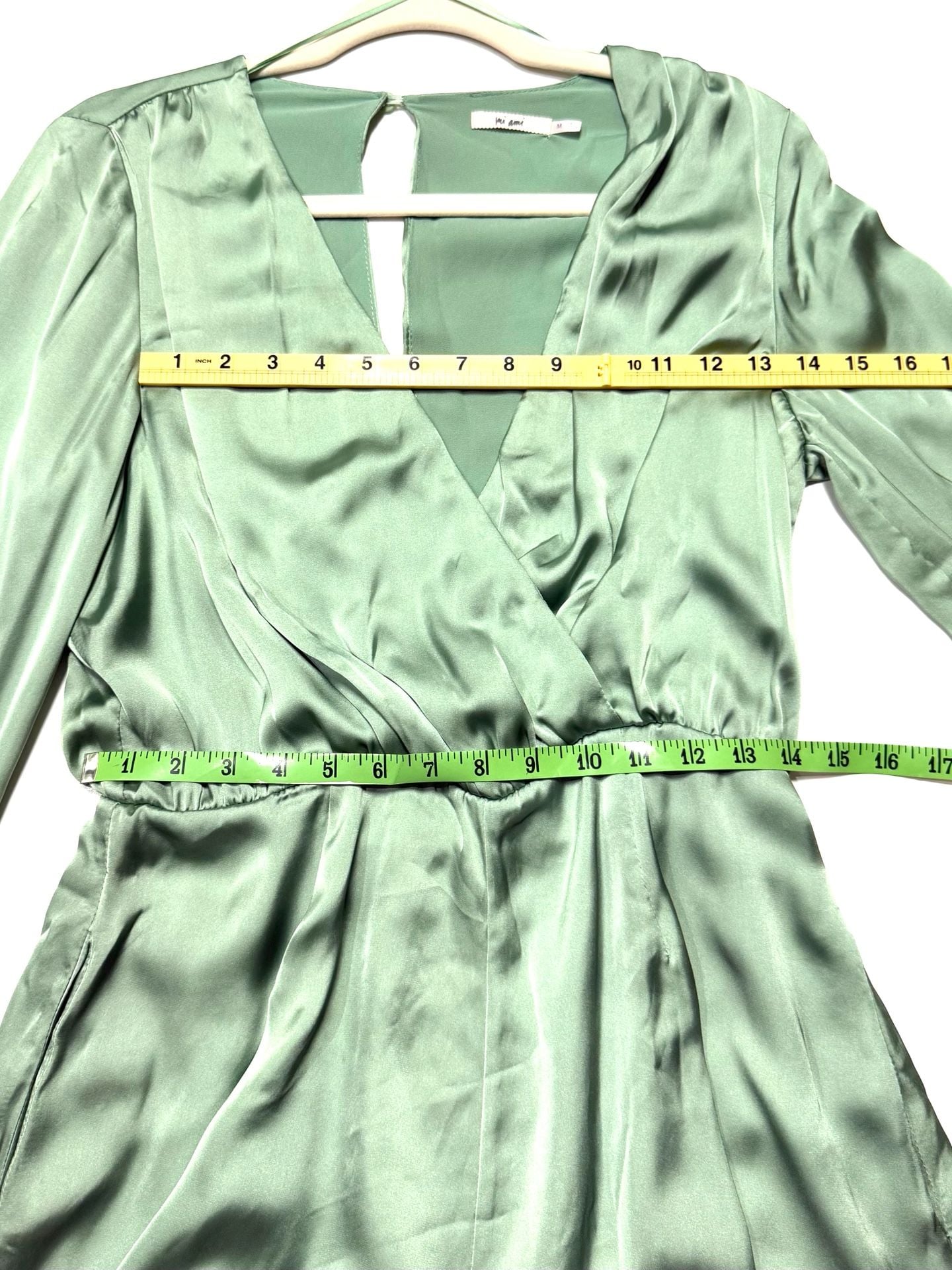Mi Ami Women's M Sage Green Satin Romper Cottage-Glam Quiet Luxury Coquette Soft Girl Date Night Long Sleeve Surplice V-Neck Keyhole Back Smocked Cuffs Pockets 5