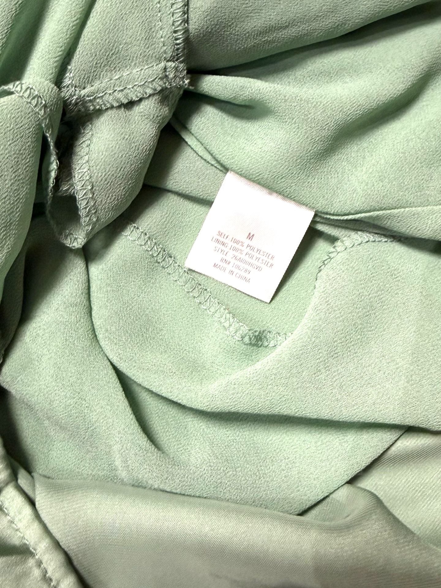 Mi Ami Women's M Sage Green Satin Romper Cottage-Glam Quiet Luxury Coquette Soft Girl Date Night Long Sleeve Surplice V-Neck Keyhole Back Smocked Cuffs Pockets 7