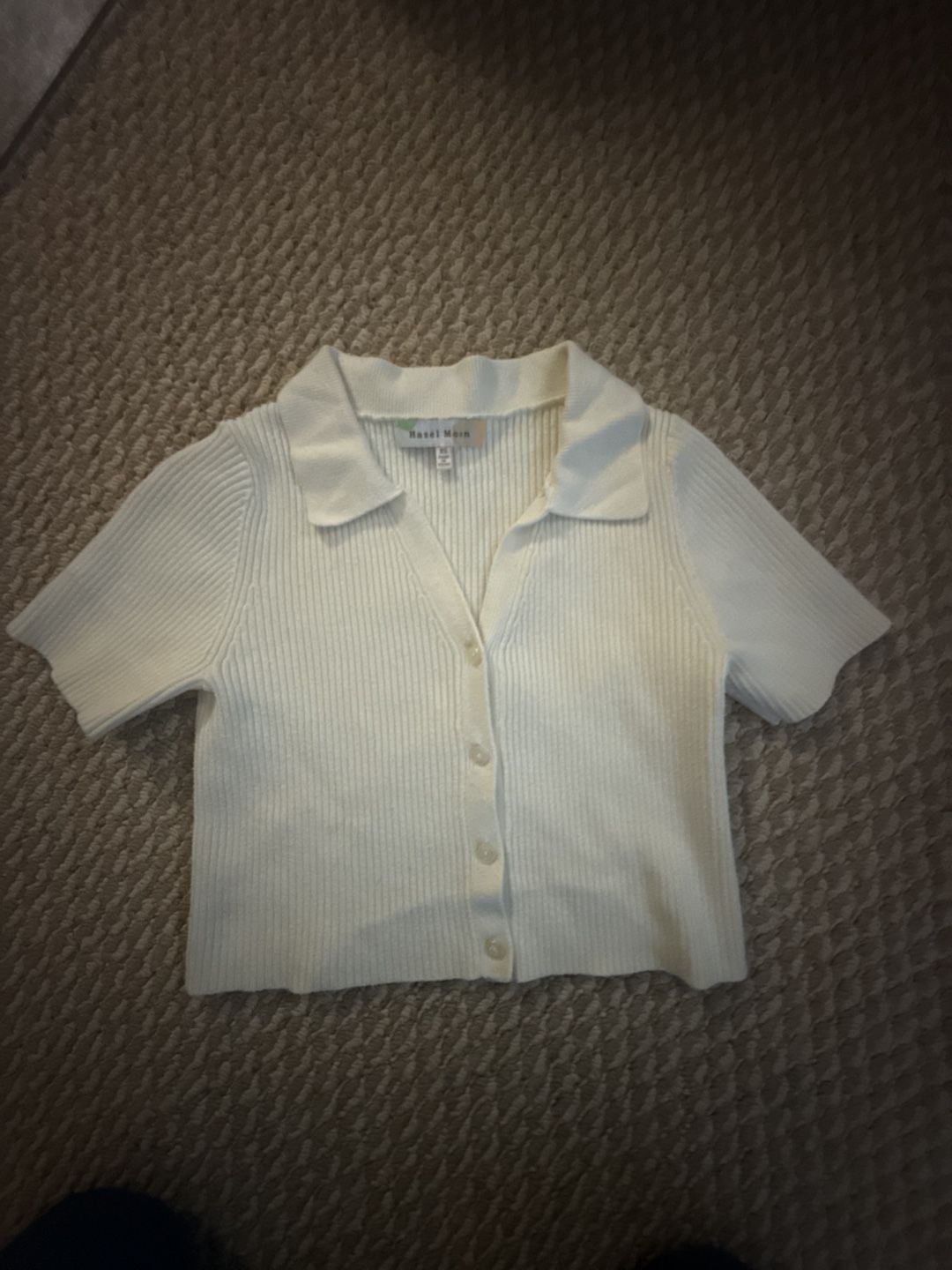 Hazel Moon Ribbed Polo Sweater Size XS Cream Short Sleeve Button Front 3