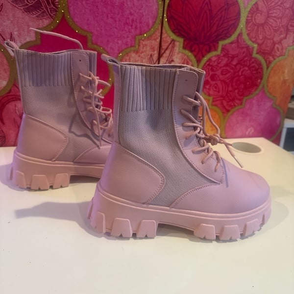 Pink Lace-Up Lug Sole Combat Boots