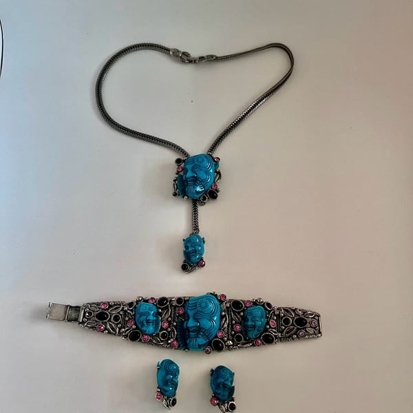 Selro Vintage Turquoise Noh Mask Face Necklace Bracelet Earring Set