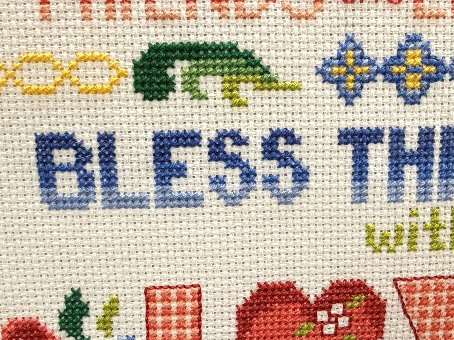 Bless House Friends Laughter Love Cross Stitch Variegated 14.5x12 Pro Framed Vtg 8