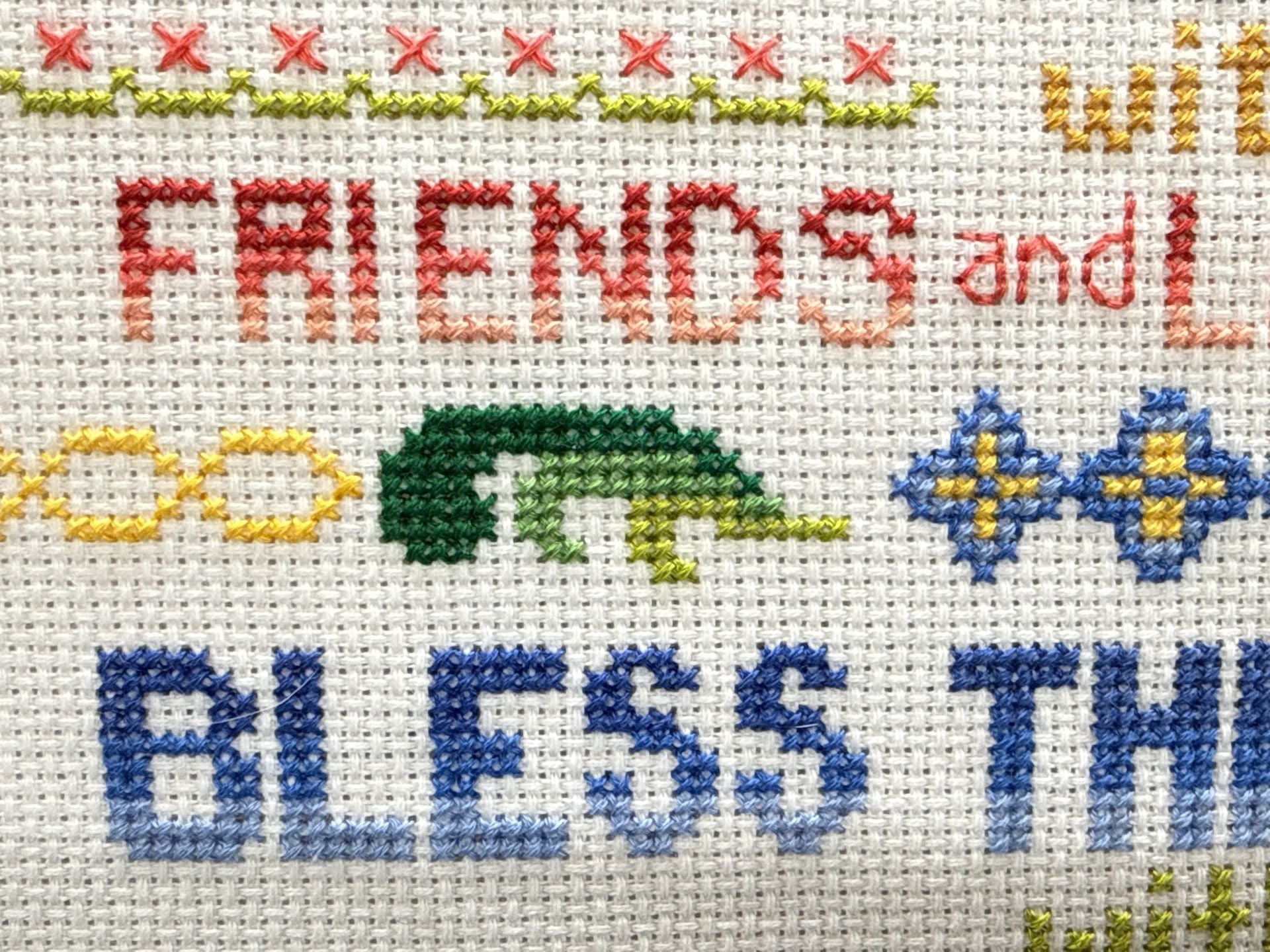 Bless House Friends Laughter Love Cross Stitch Variegated 14.5x12 Pro Framed Vtg 9