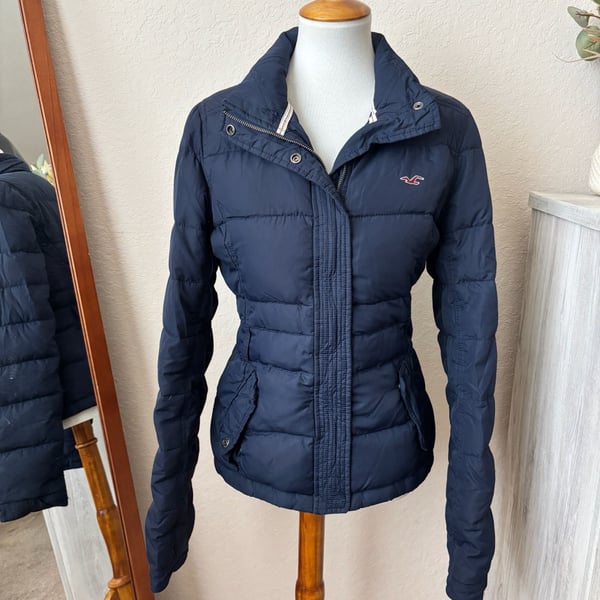 Hollister Vintage Puffer Jacket Navy Blue Quilted Full Zip Y2K Size Large.