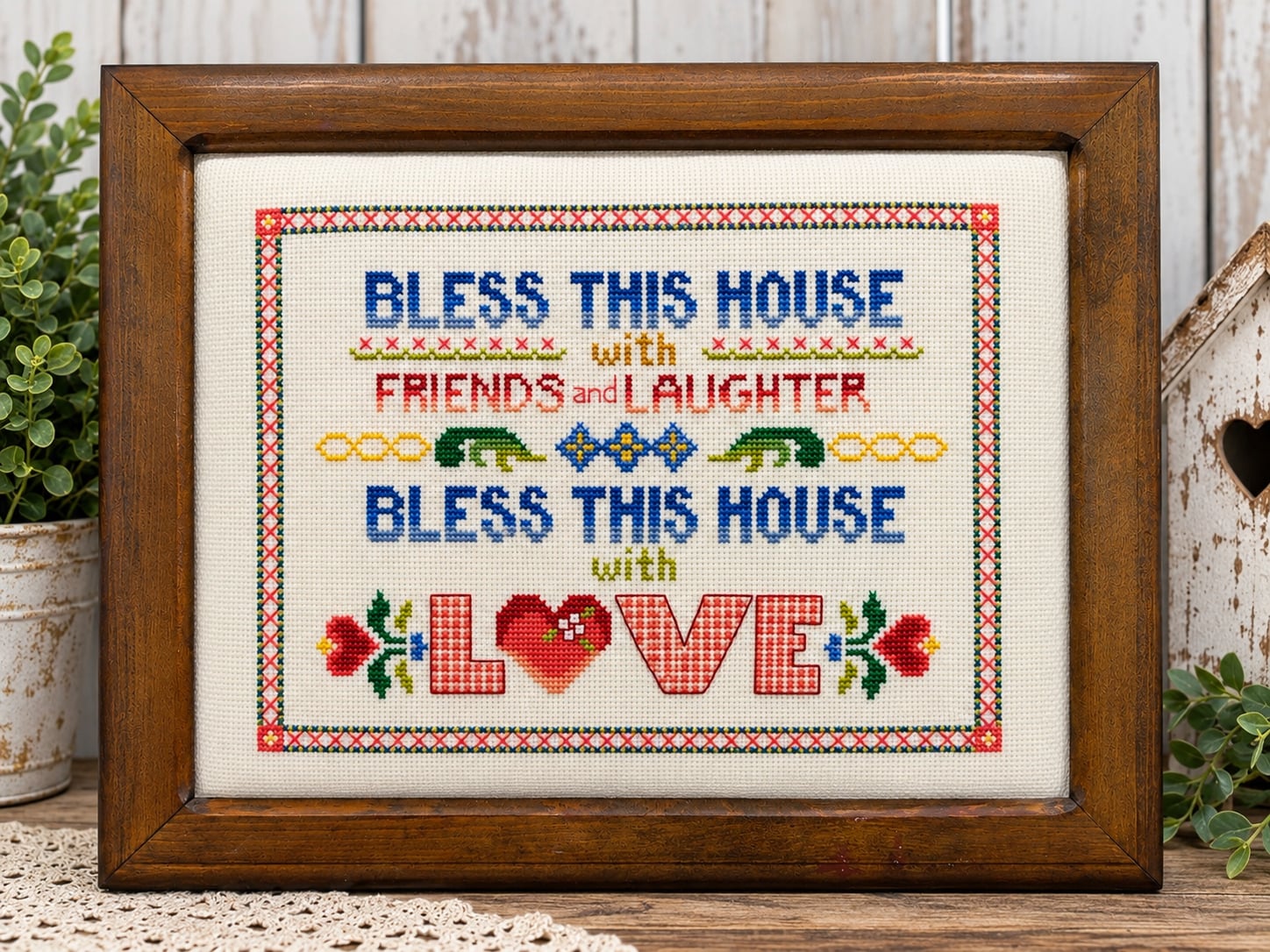 Bless House Friends Laughter Love Cross Stitch Variegated 14.5x12 Pro Framed Vtg 1