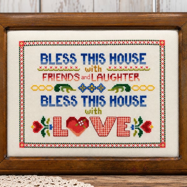 Bless House Friends Laughter Love Cross Stitch Variegated 14.5x12 Pro Framed Vtg