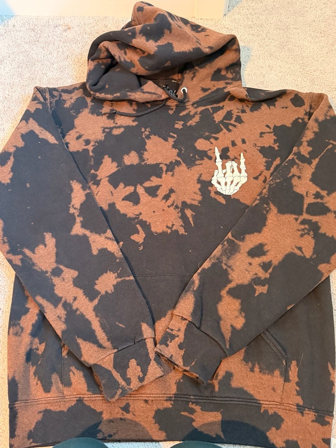 Bowery Supply Co Hoodie Size S Black Brown Tie Dye Skeleton Hand Graphic 2