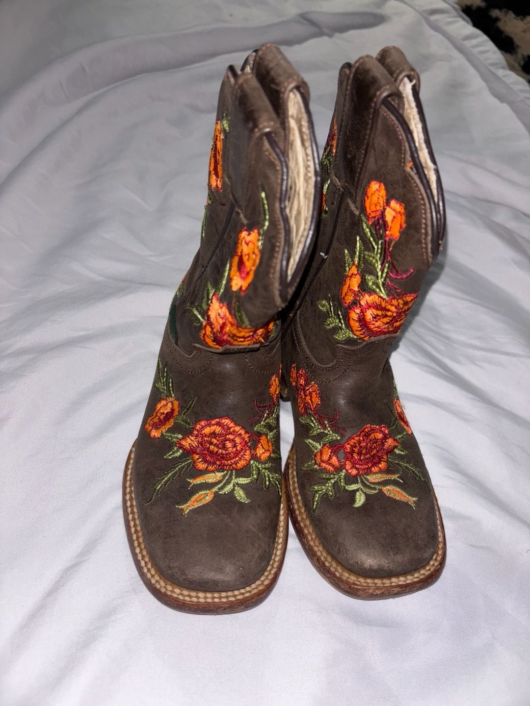 McAllen Western Boots KIDS Brown Orange/Red Floral Embroidered Cowgirl 2