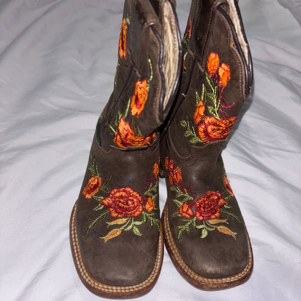 McAllen Western Boots KIDS Brown Orange/Red Floral Embroidered Cowgirl