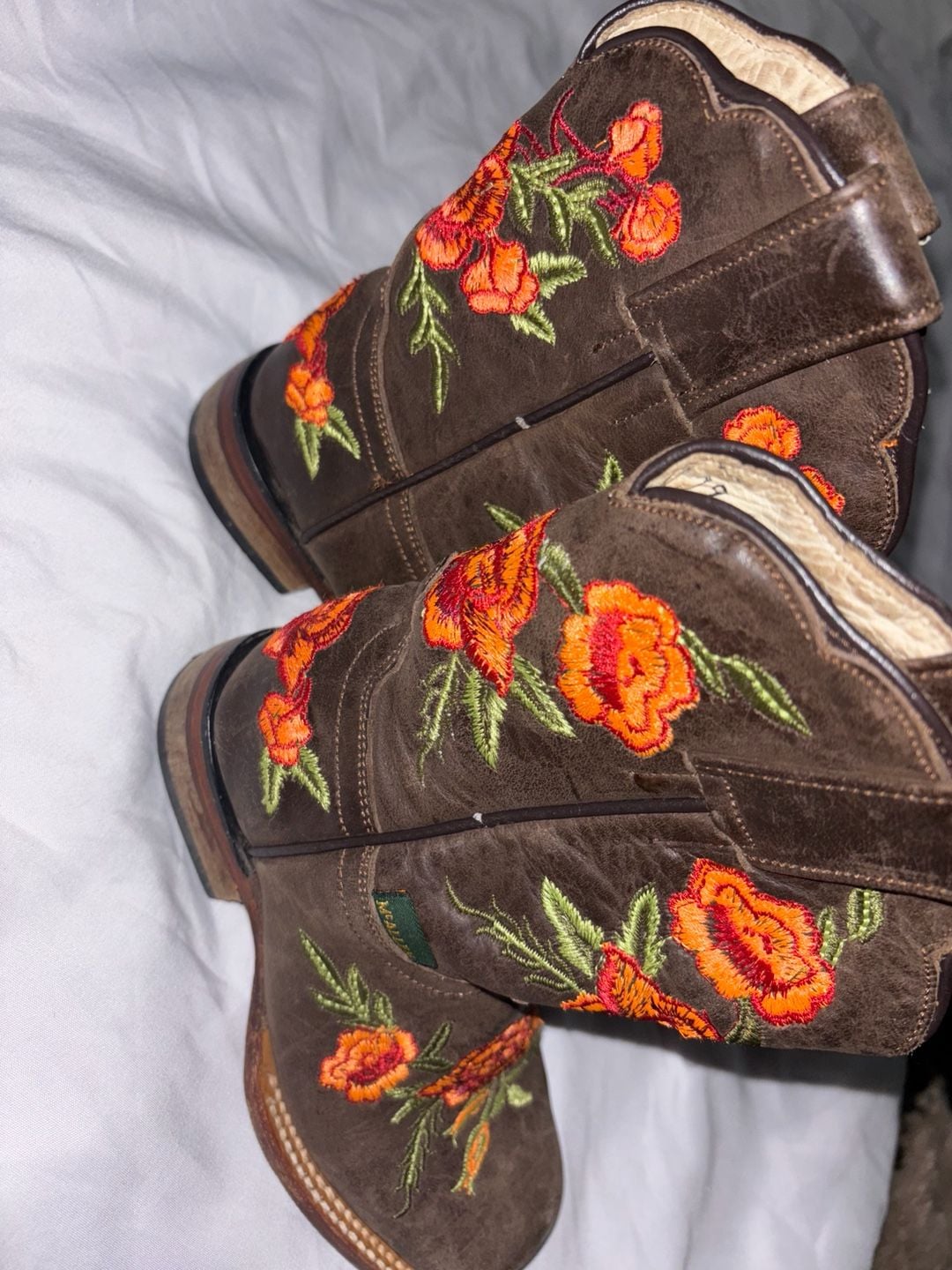 McAllen Western Boots KIDS Brown Orange/Red Floral Embroidered Cowgirl 3