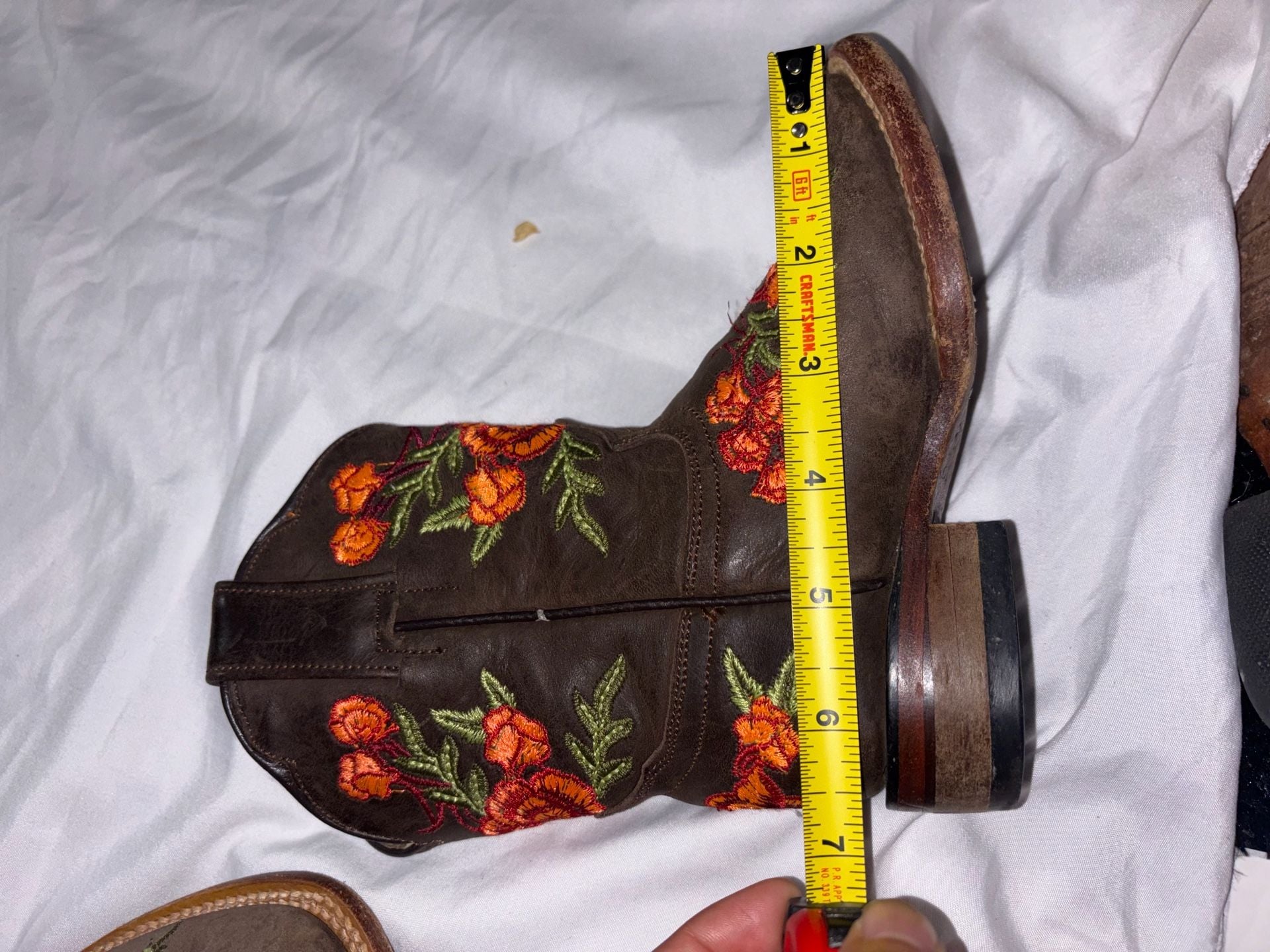McAllen Western Boots KIDS Brown Orange/Red Floral Embroidered Cowgirl 7