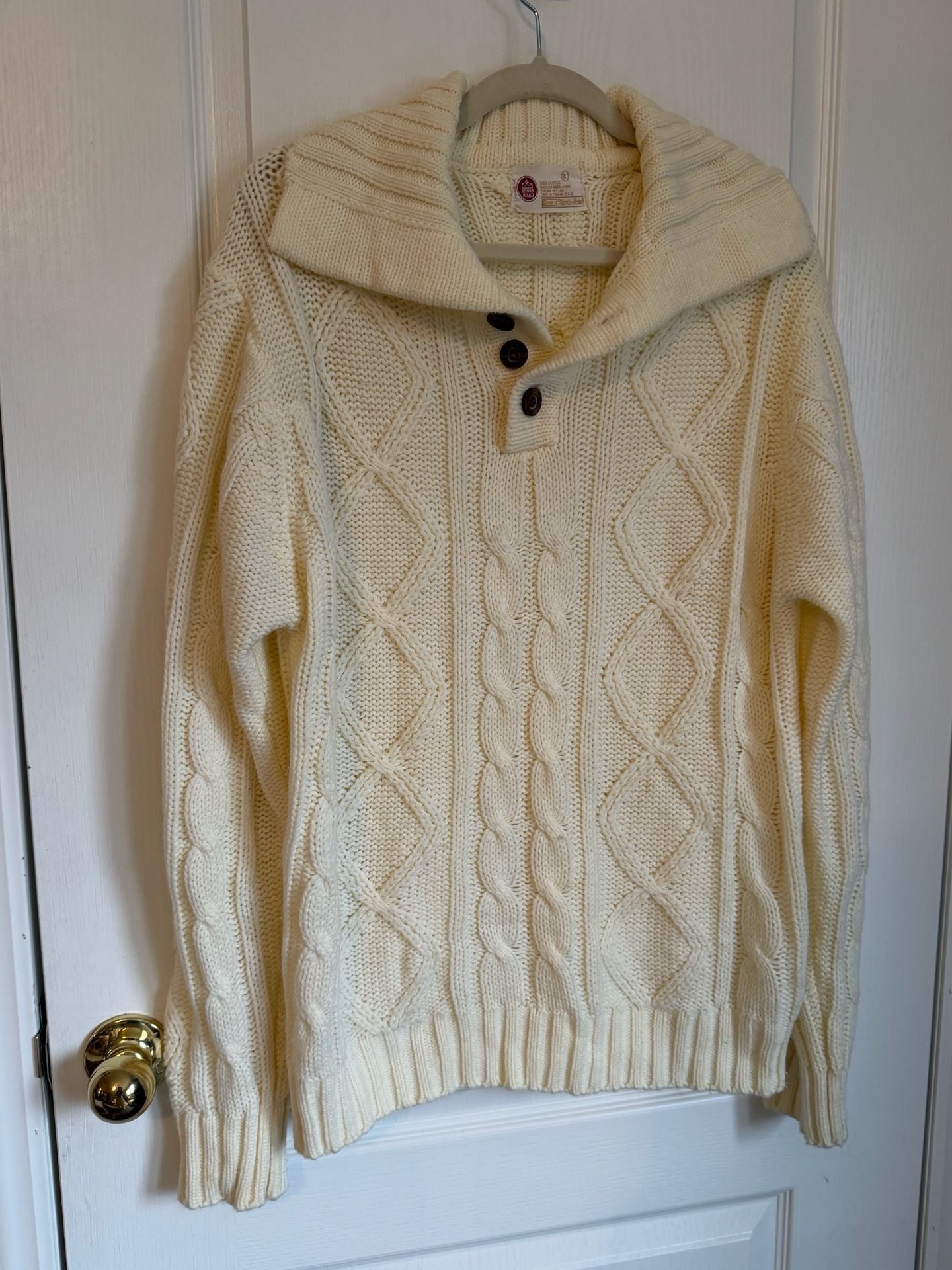Kings Road Cable Knit Sweater Size L White Shawl Collar 2