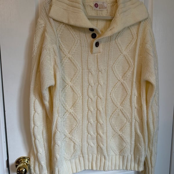 Kings Road Cable Knit Sweater Size L White Shawl Collar