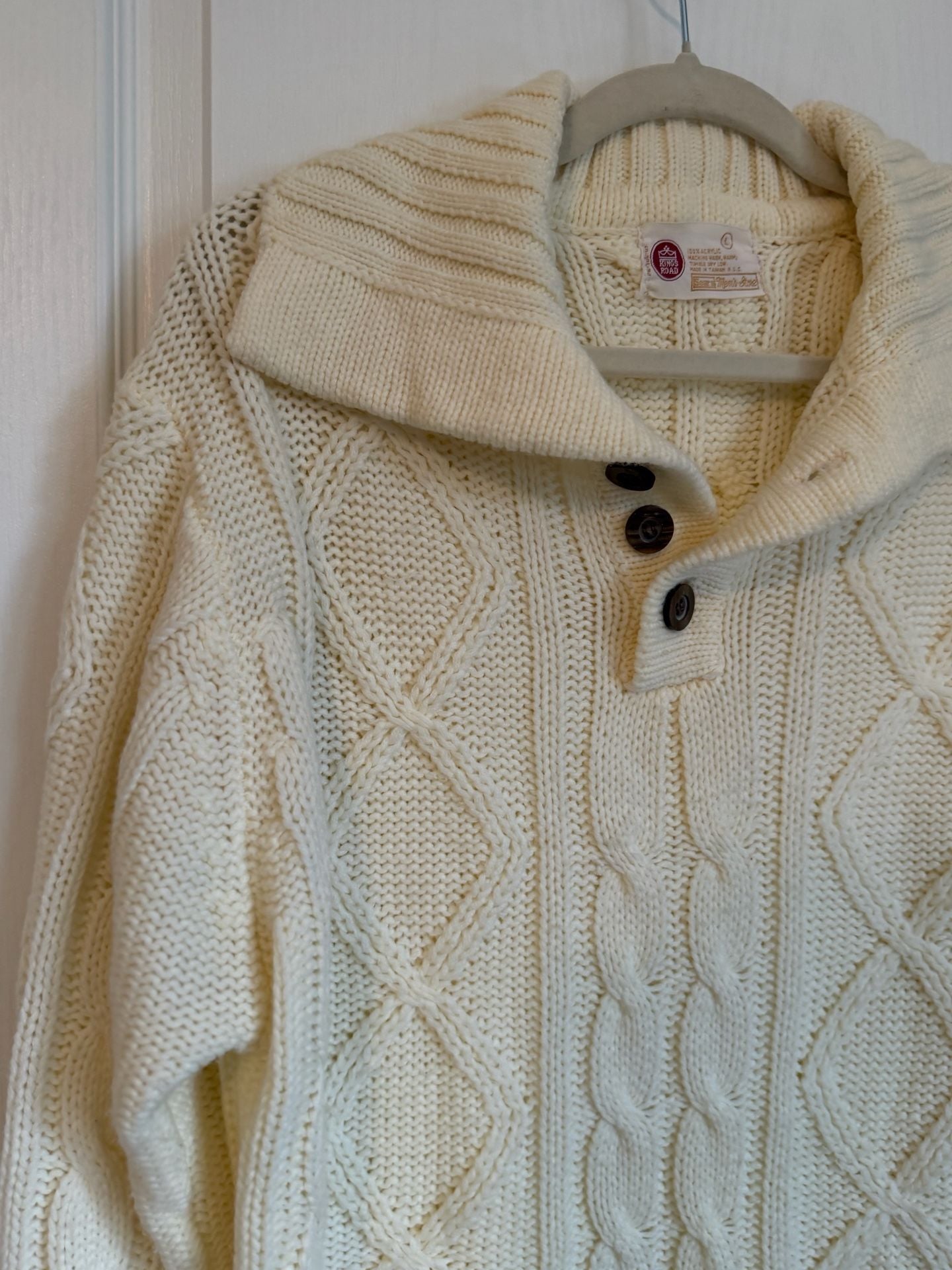 Kings Road Cable Knit Sweater Size L White Shawl Collar 3