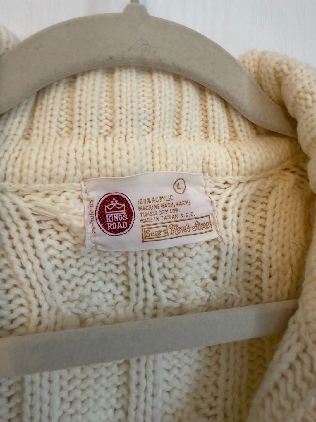 Kings Road Cable Knit Sweater Size L White Shawl Collar 5