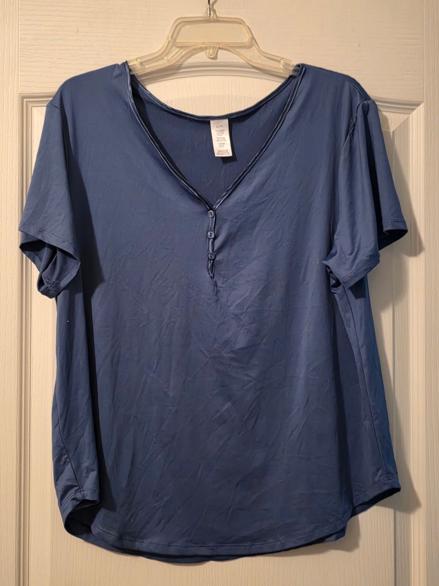 Woman Within Perfect V-Neck Shirt Size XL Steel Blue Henley Satin Trim 2