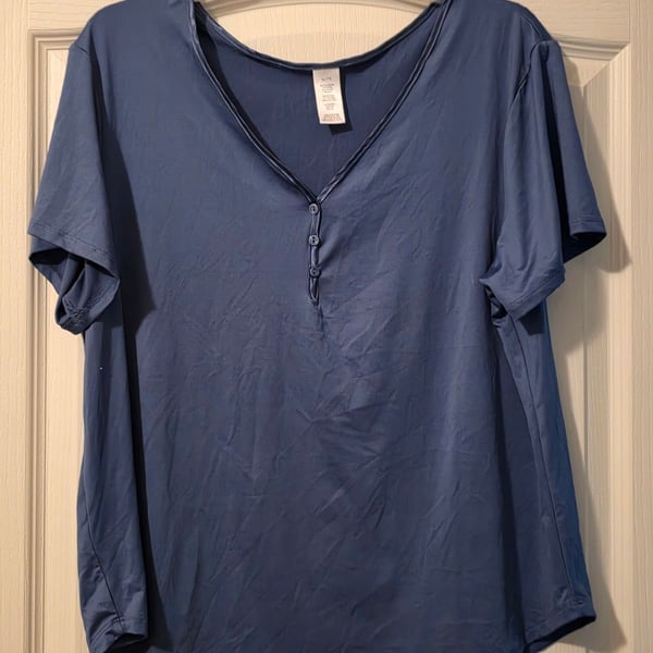 Woman Within Perfect V-Neck Shirt Size XL Steel Blue Henley Satin Trim