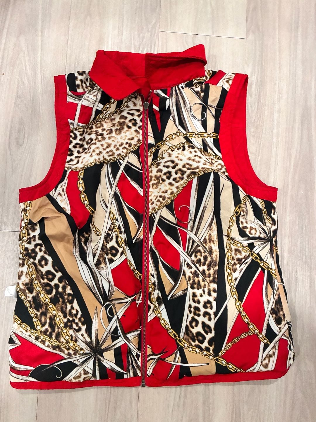 Chico'S Quilted Reversible Zip Vest Size 1 Red Leopard Print Chain 6