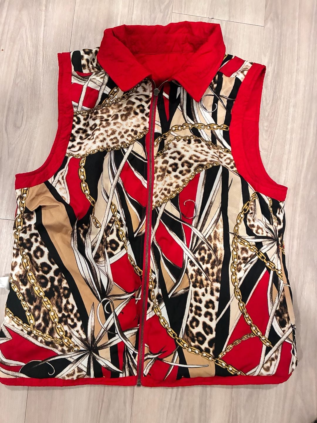 Chico'S Quilted Reversible Zip Vest Size 1 Red Leopard Print Chain 7
