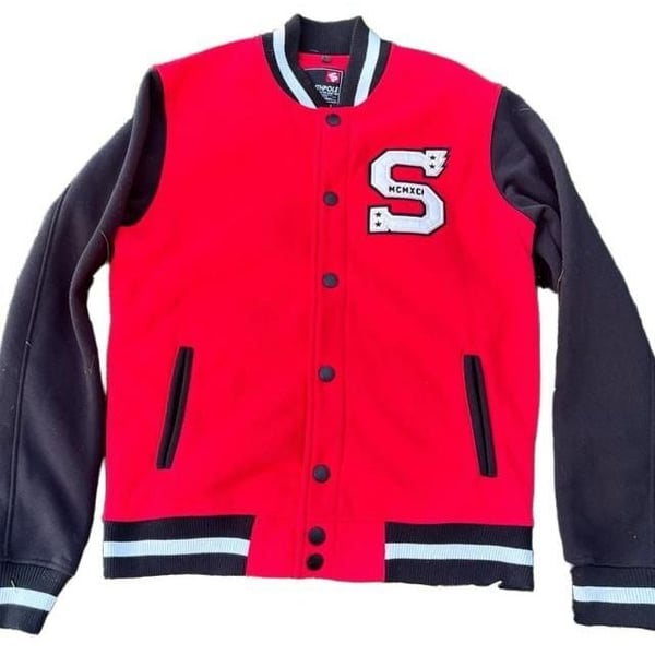 Y2K Southpole Varsity Jacket Size L Red Black Letterman Snap