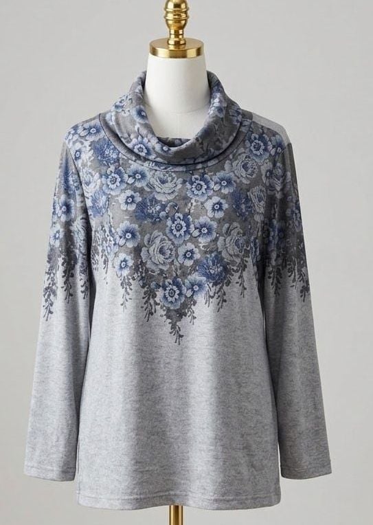 Bloomchic SOFT Floral Cowl Neck Tunic Size 10 Medium Grey Long Sleeve 2