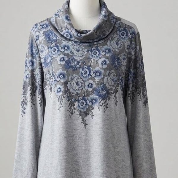 Bloomchic SOFT Floral Cowl Neck Tunic Size 10 Medium Grey Long Sleeve