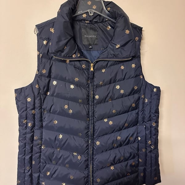 Talbots Quilted Puffer Vest Size X Navy Gold Snowflake Print