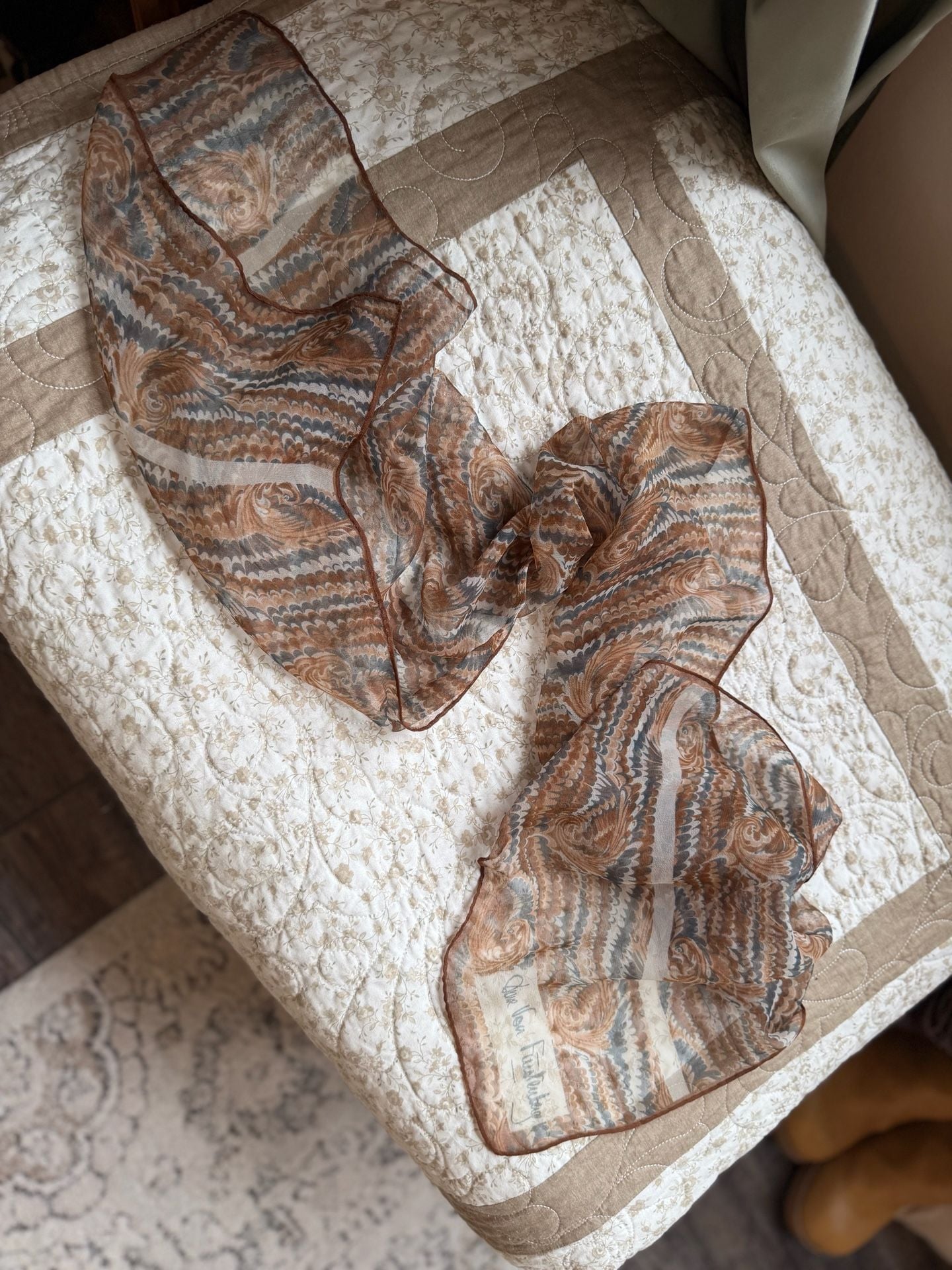 Diane von Furstenberg Oblong Scarf Brown Blue Paisley Print Silk 2