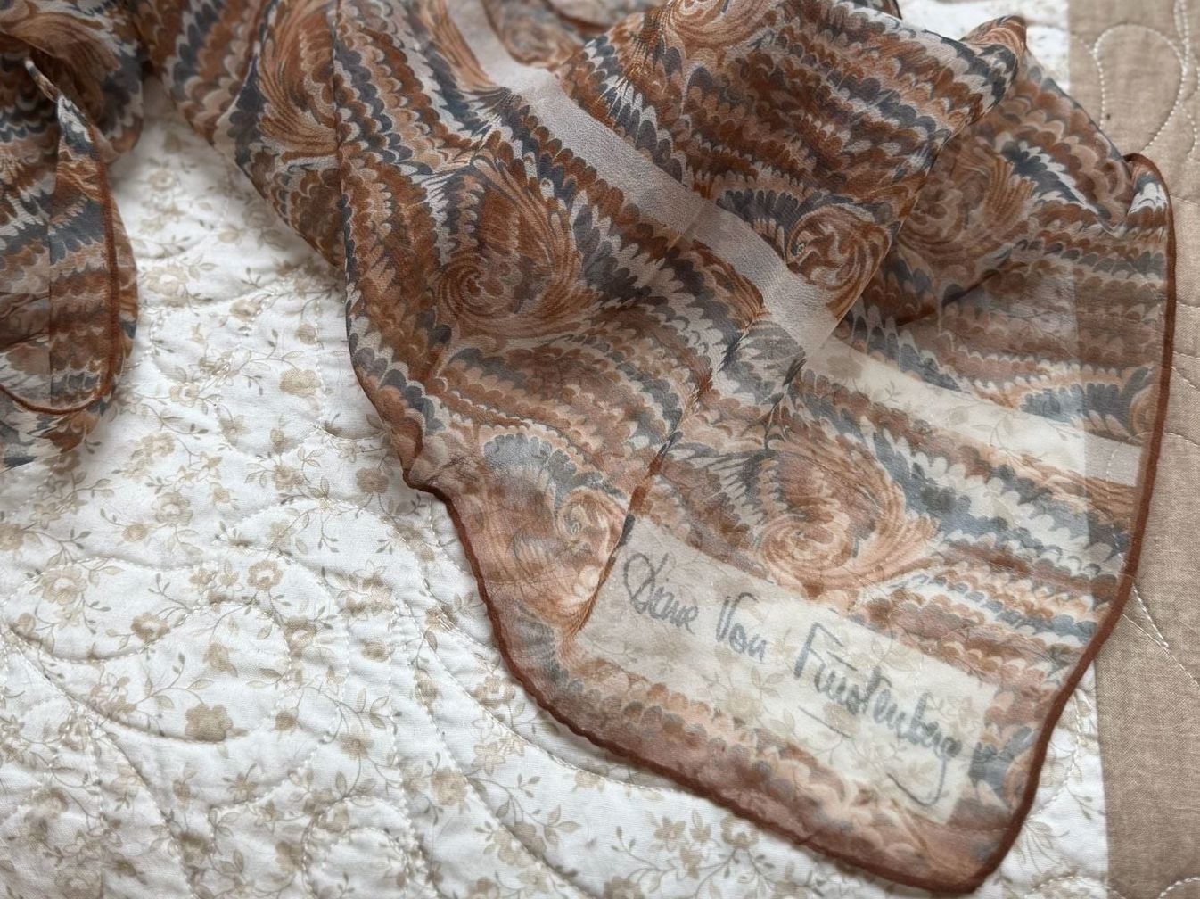 Diane von Furstenberg Oblong Scarf Brown Blue Paisley Print Silk 1