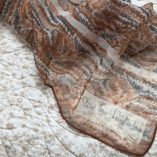 Diane von Furstenberg Oblong Scarf Brown Blue Paisley Print Silk