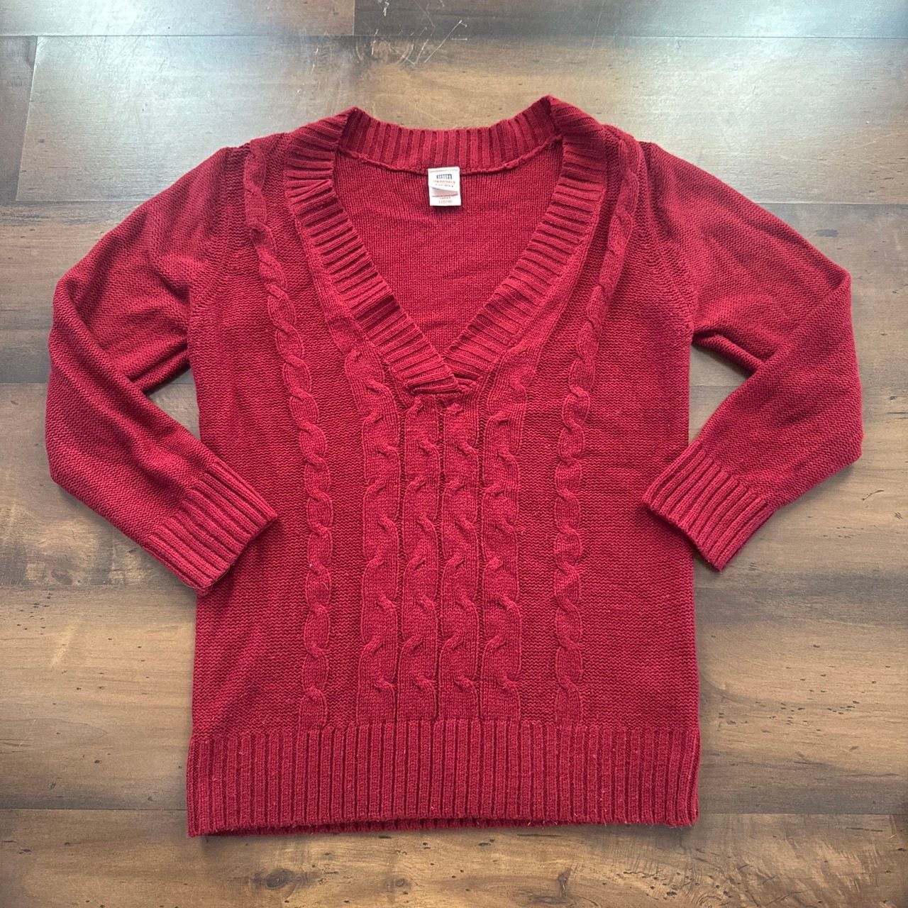 Faded Glory Sweater Size L 12/14 Red Cable Knit V-Neck 2