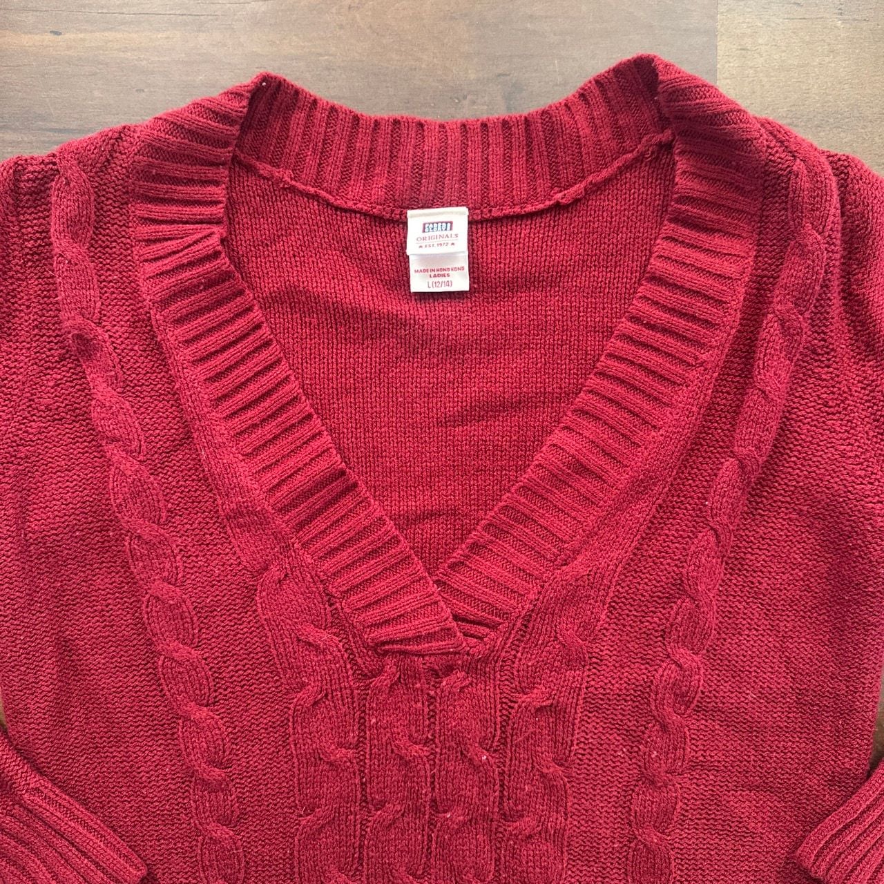 Faded Glory Sweater Size L 12/14 Red Cable Knit V-Neck 3
