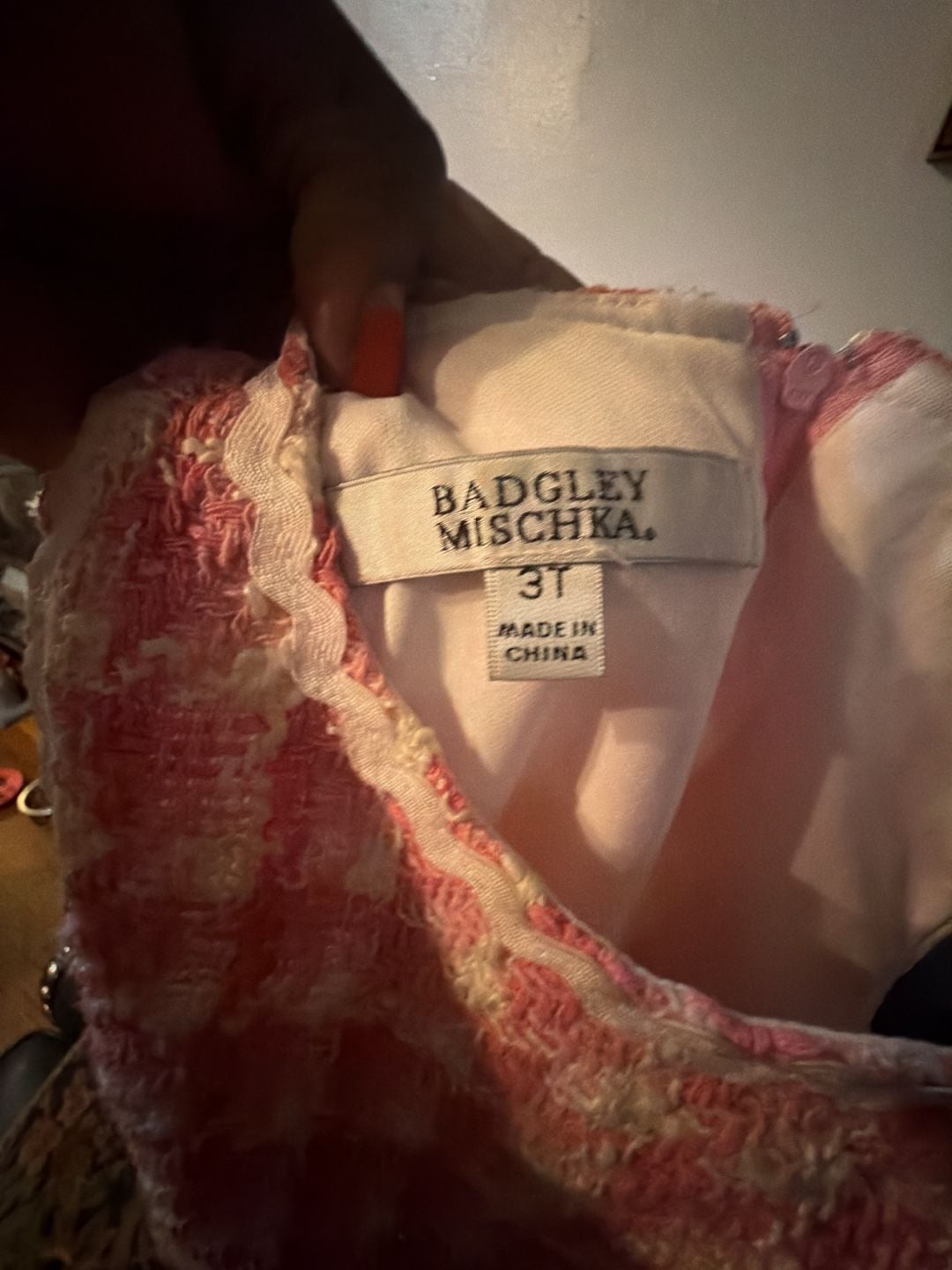Badgley Mischka Pink Tweed Dress Size 3T Plaid Ruffle 2